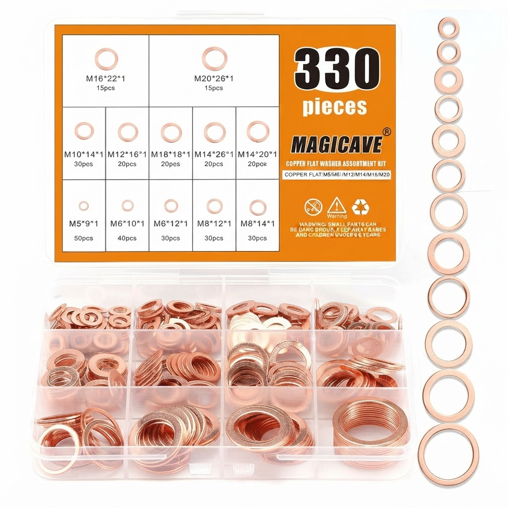 330PCS Copper Crush Washer Assortment Kit M5-M20 Metric Copper Sealing Washers f