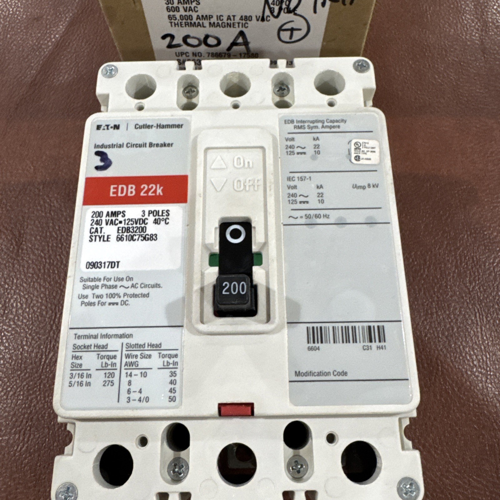 Eaton Cutler Hammer 200A 3P EDB3200 200 Amp 240V 3 Pole Circuit Breaker EDB 22k