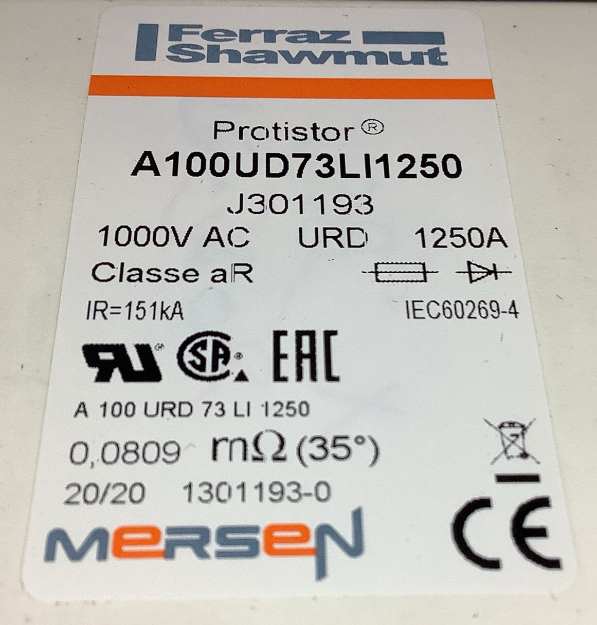 Ferraz Shawmut A100UD73LI1250 1000V Protistor Semiconductor Fuse J301193 (B145)