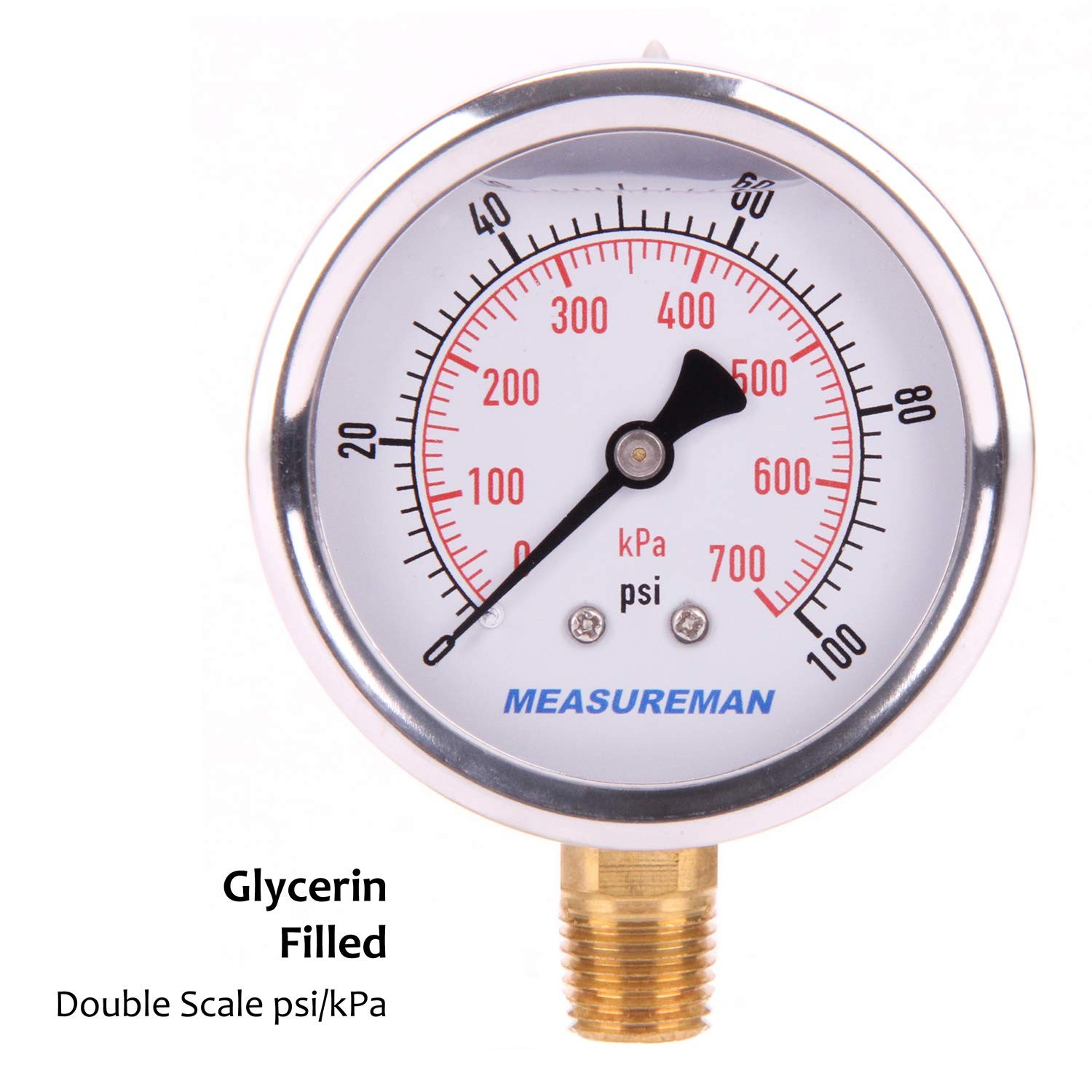 MEASUREMAN Pressure Gauge 1/4 NPT, 0-100psi/kPa Glycerin Filled 0-100 psi