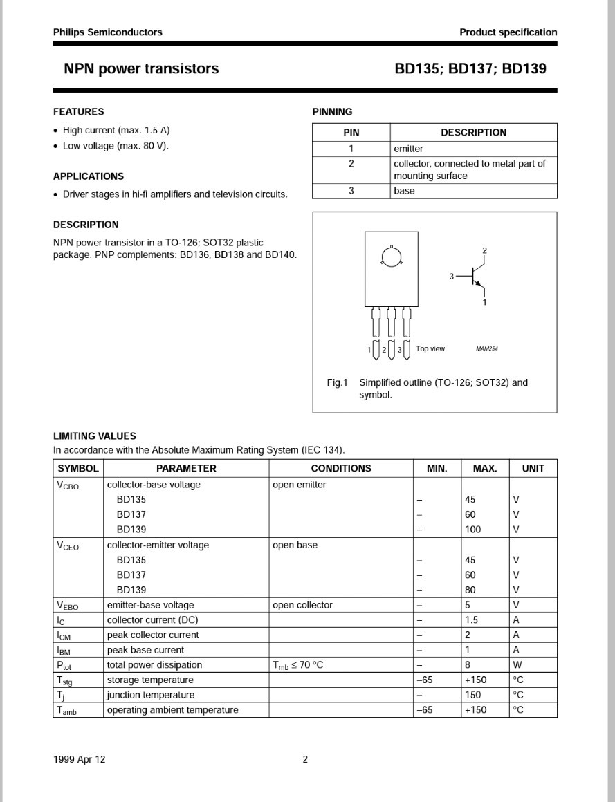 8 pcs or 4 pairs of BD139 NPN & BD140 PNP 80V 1.5A NPX by PHILLIPS-USA ship
