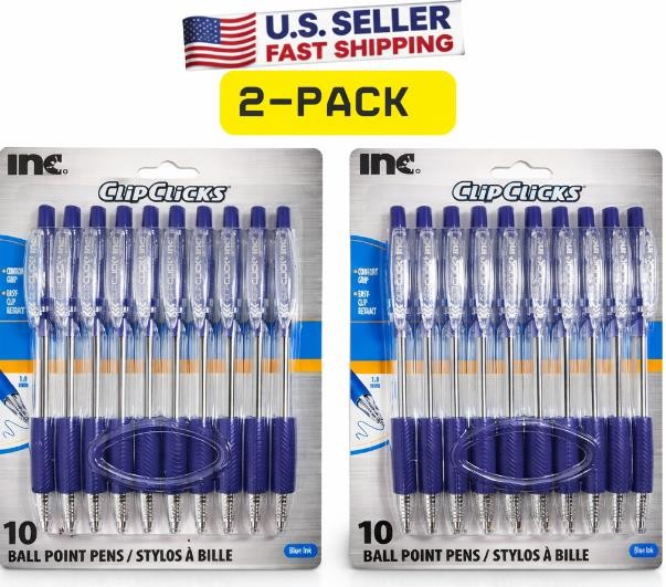 Set of 2 Retractable Blue Ballpoint Pens 1.0mm Tip – 20 Total Pens Office School