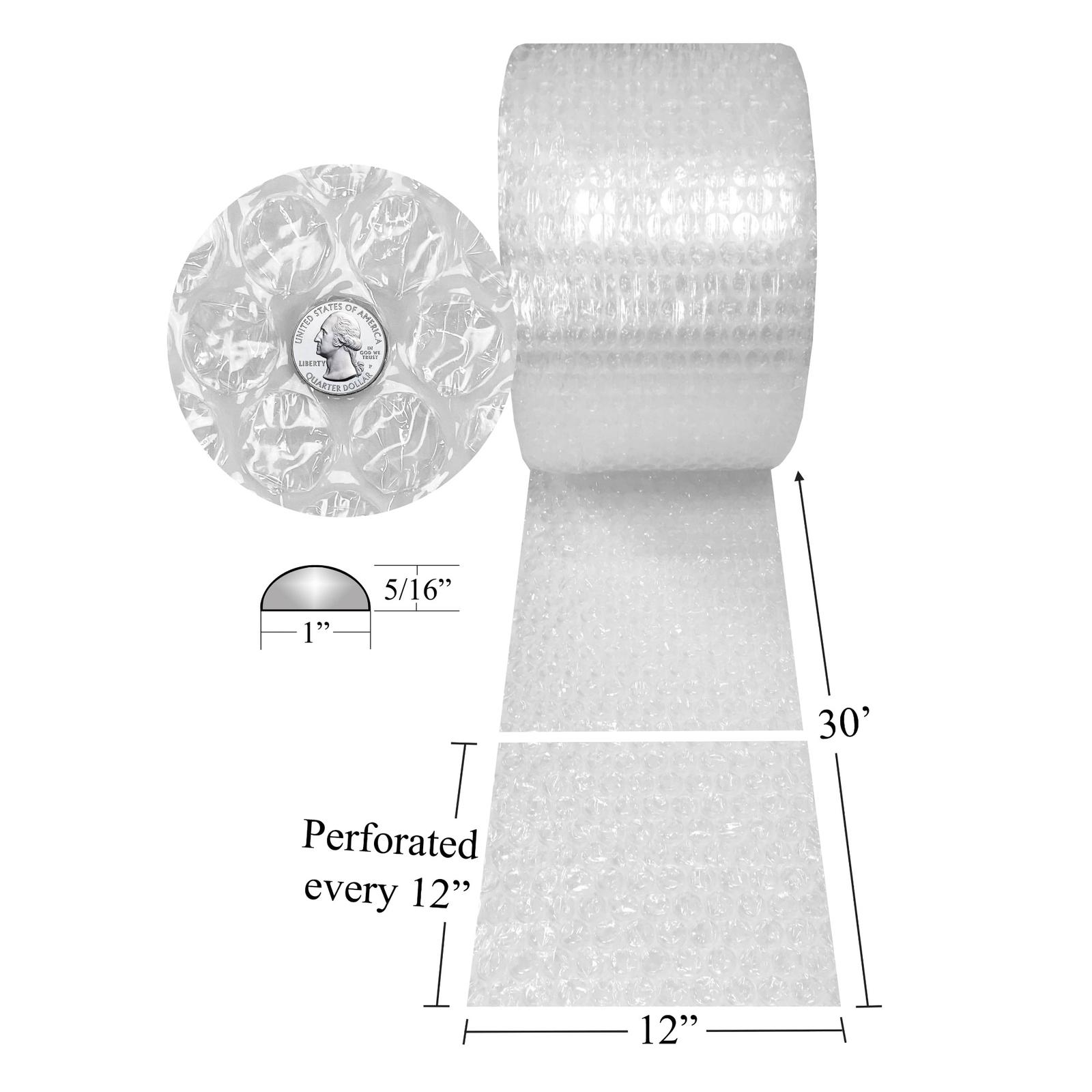 UBMOVE Medium Bubble Roll Wrap 12″ wide x 30′ perforated 5/16″ Bubbles
