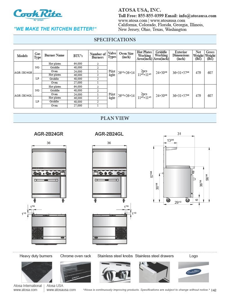 Atosa AGR-2B24GL-NG 36″ Range 2 BURNERS 24″ GRIDDLE OVEN NAT GAS