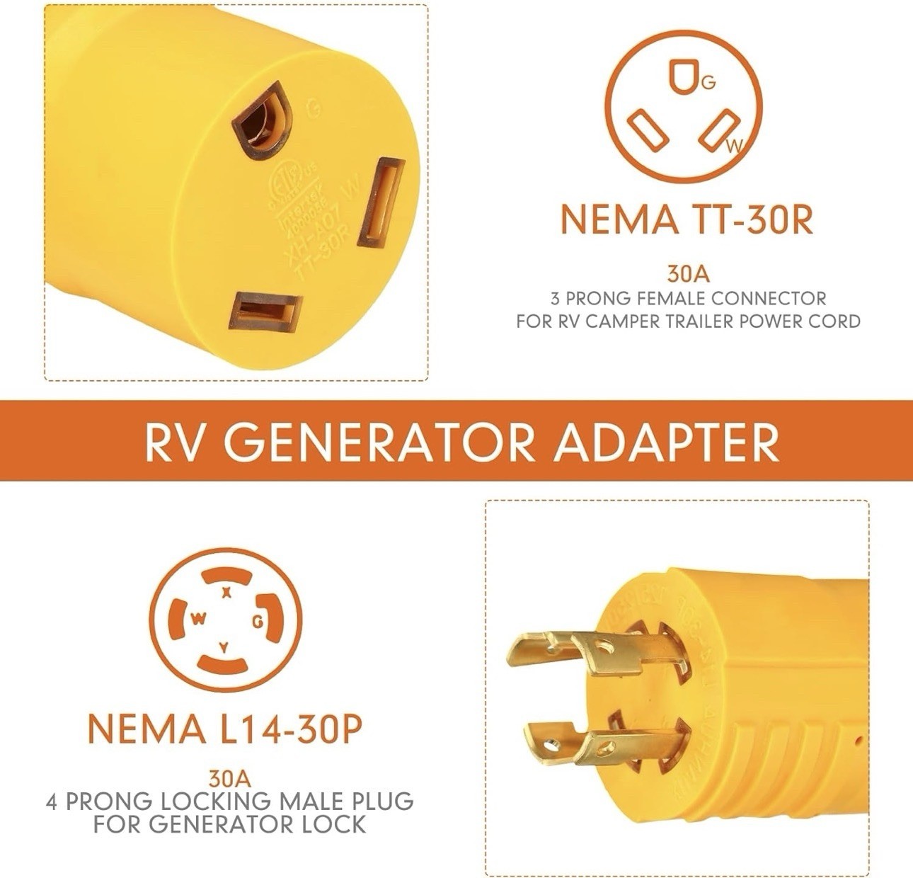 NEMA L14-30P to TT – 30R 30 Amp RV Generator Adapter – 4 Prong 120/240V L14-30P