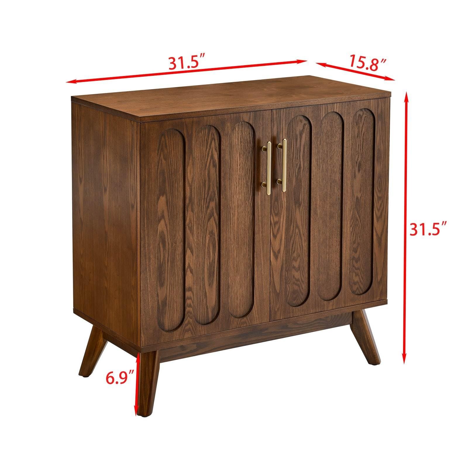 Vintage Fluted Accent Cabinet Walnut Double Door Adjustable Shelves Gold Handles