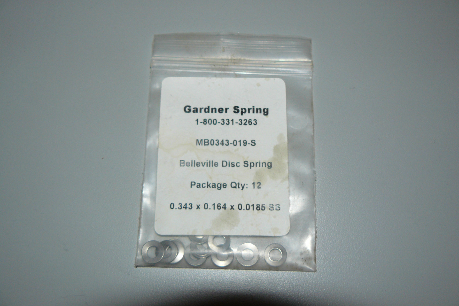 GARDNER SPRING MB0343-019-S BELLEVILLE DISC SPRING 12/PCK 0.343X0.164X0.0185 NEW