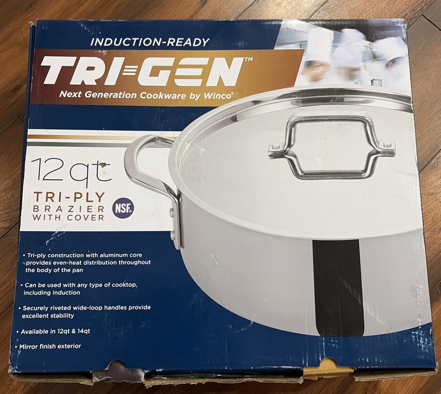 Winco Tri= Gen Cookware Pot TGBZ12 12 Qt Tri-Ply Brazier w/Cover Silver NSF