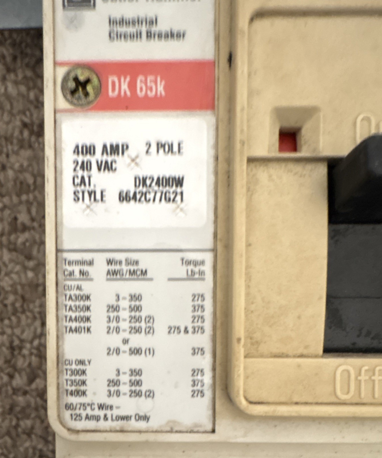 Cutler-Hammer DK2400W 400A 2-Pole 240V Circuit Breaker