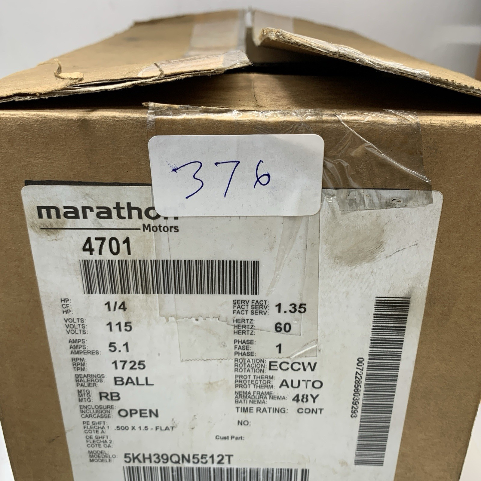 Marathon M4701 48Y Frame 5KH39QN5512T Open Drip Proof Belt Drive Motor 1/4 hp 17