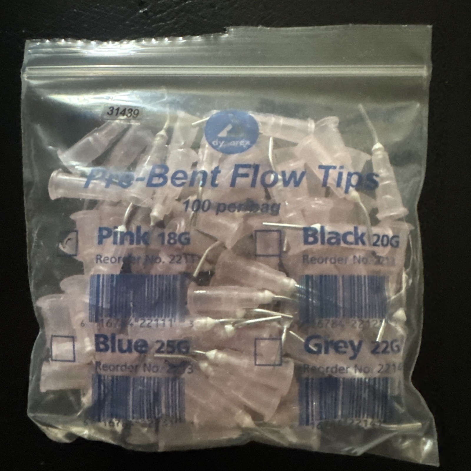 *2,500/case* Dynarex Pre-Bent Flow Tips-18G Etch tip, Pink, 25 bags of 100 tips