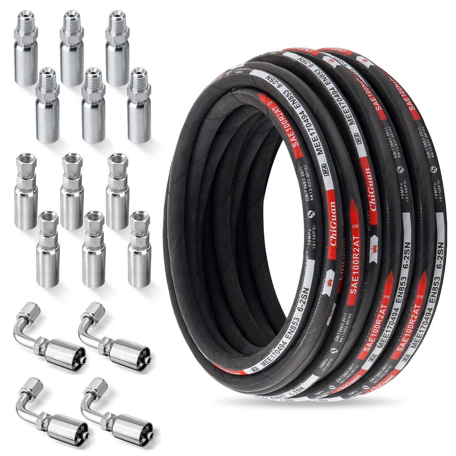 50FT 1/4″ Hydraulic Hose w/ 16 Fittings (JIC Female & NPTF Male & JIC Female 90°