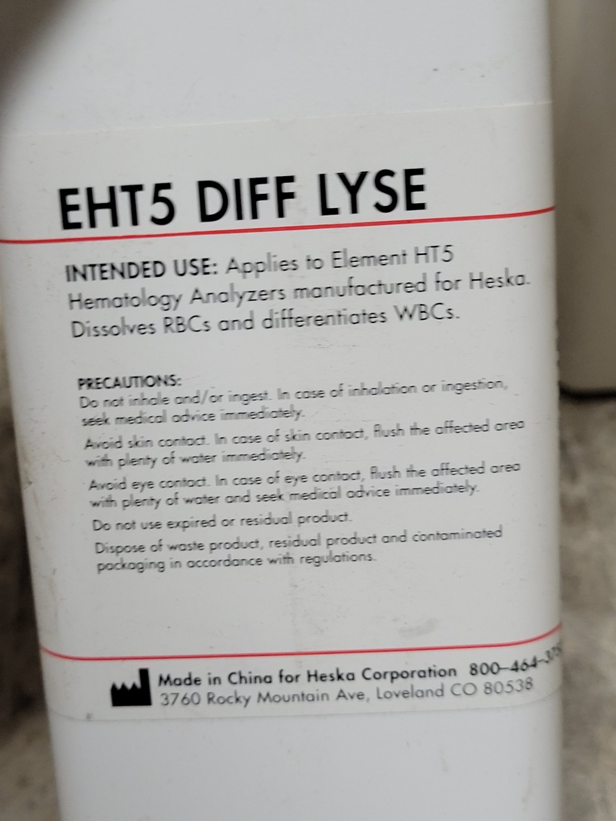x2 Element HT5 Hematology, EHT5 DIFF LYSE Solution 300mL Expires 2/10/2027
