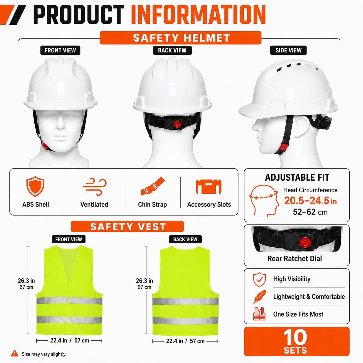 4 Pt. Suspension Hard Hat ABS Construction with Safety Vests 10 Pack – Head
