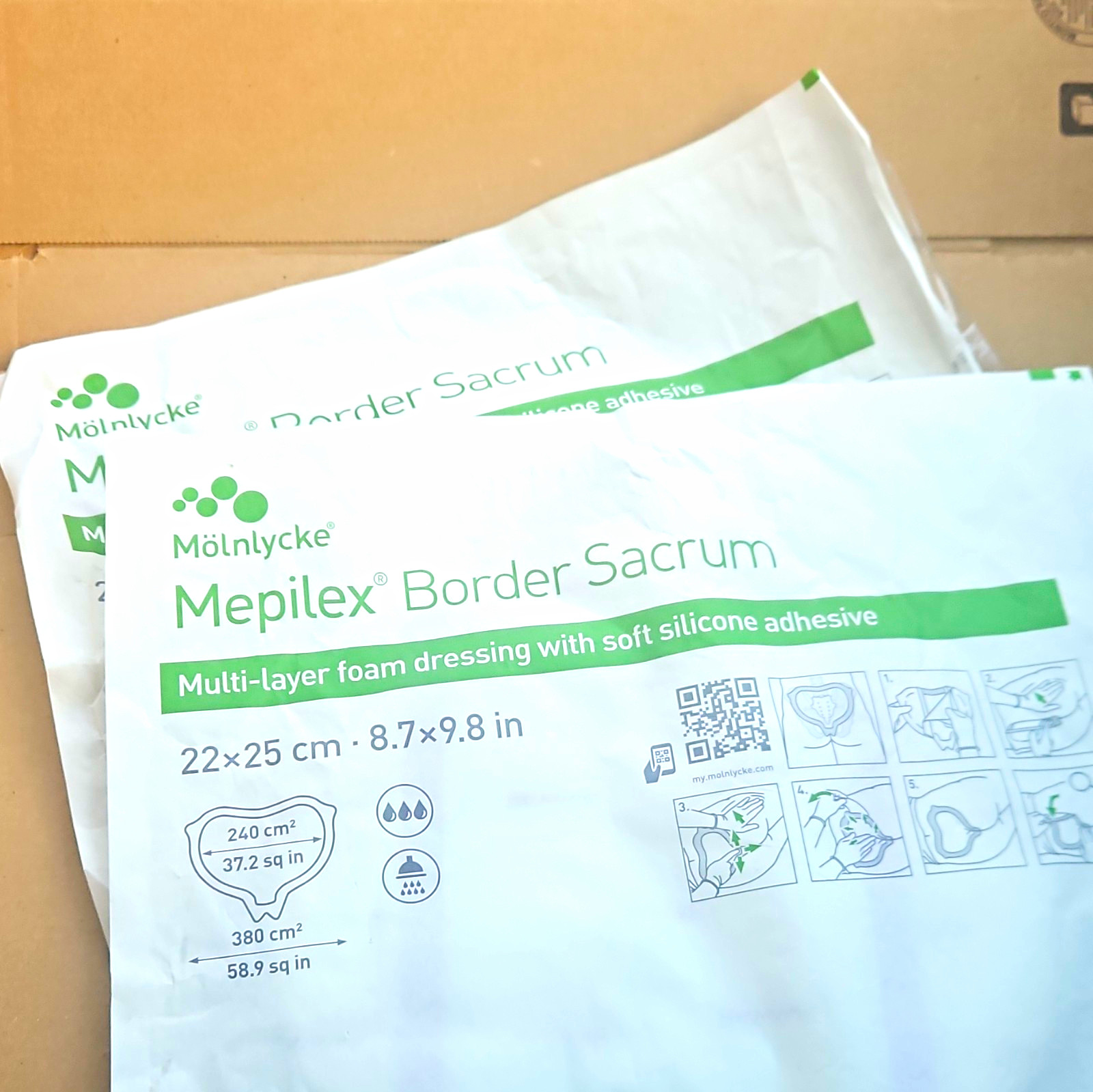 (2)Mölnlycke Mepilex Border Sacrum Foam Dressing Soft Silicone 22x25cm