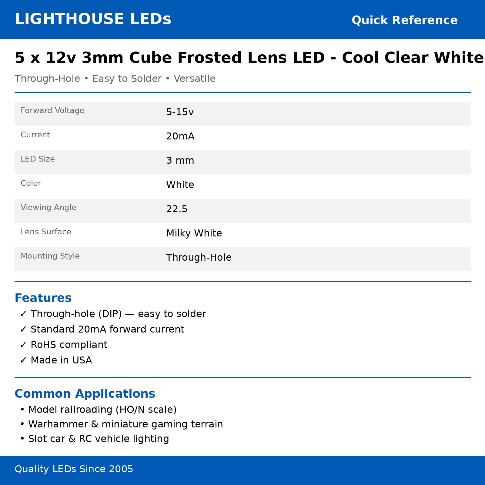 20 x 12v 3mm Cube Frosted Lens LED – Cool White LED – Ultra Bright (5v-15v)