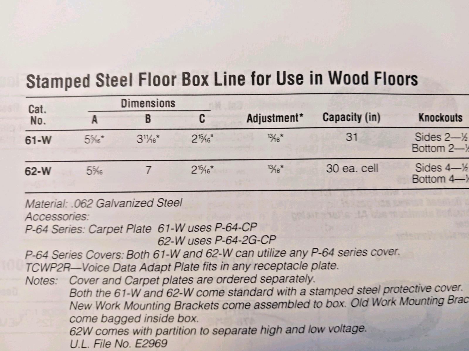 T & B 61-W 1-GANG STEEL FLOOR BOX FOR USE WITH WOOD FLOORS