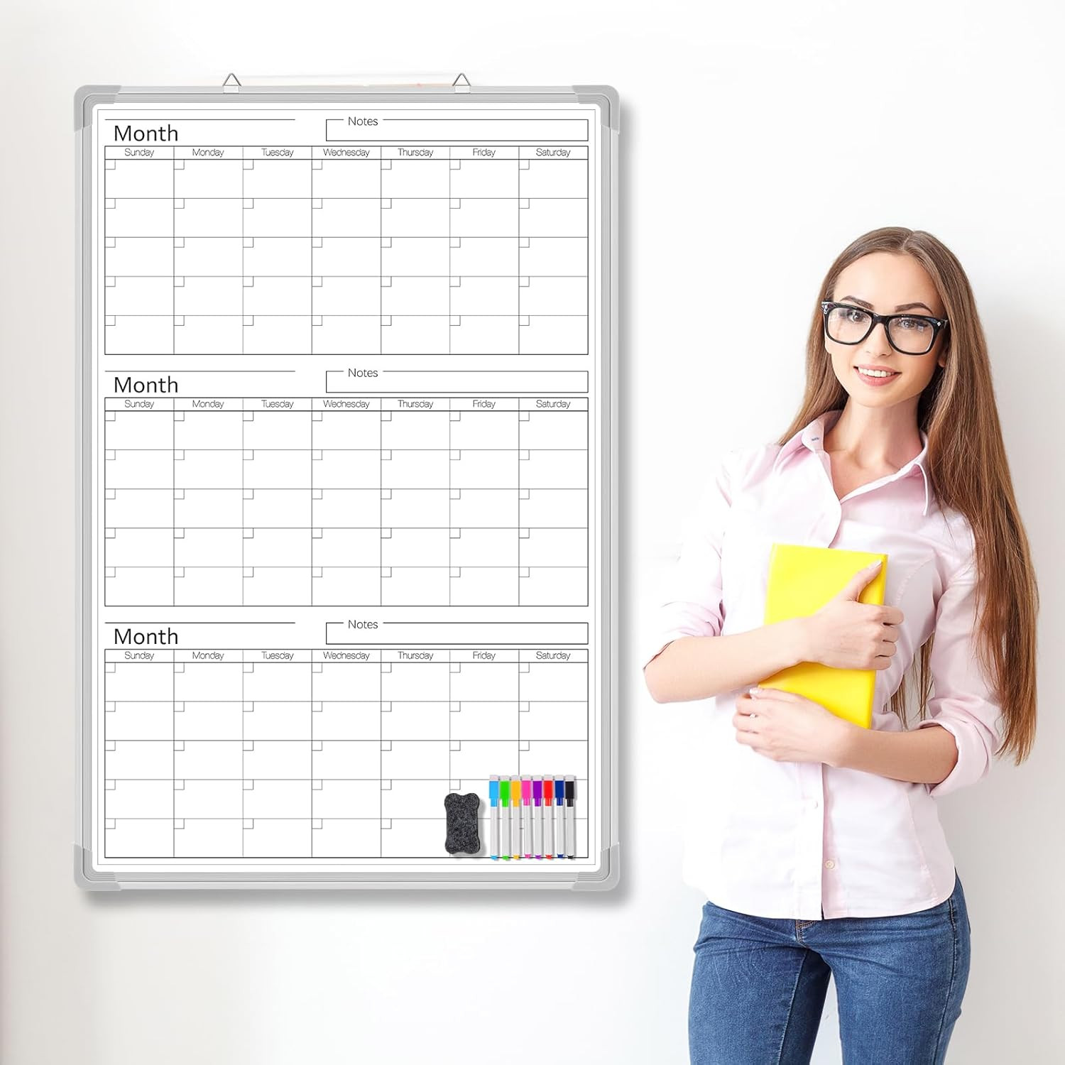36″ x 24″ Magnetic Vertical 3 Month Dry Erase Calendar for Wall Undated Horiz…