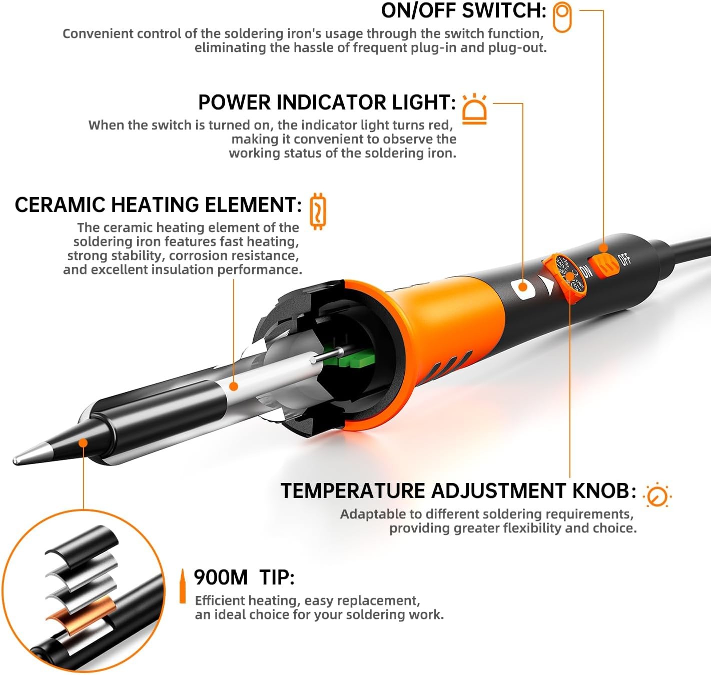 60W Adjustable Temperature Soldering Iron Kit – 9-in-1 With 5 Tips, Orange