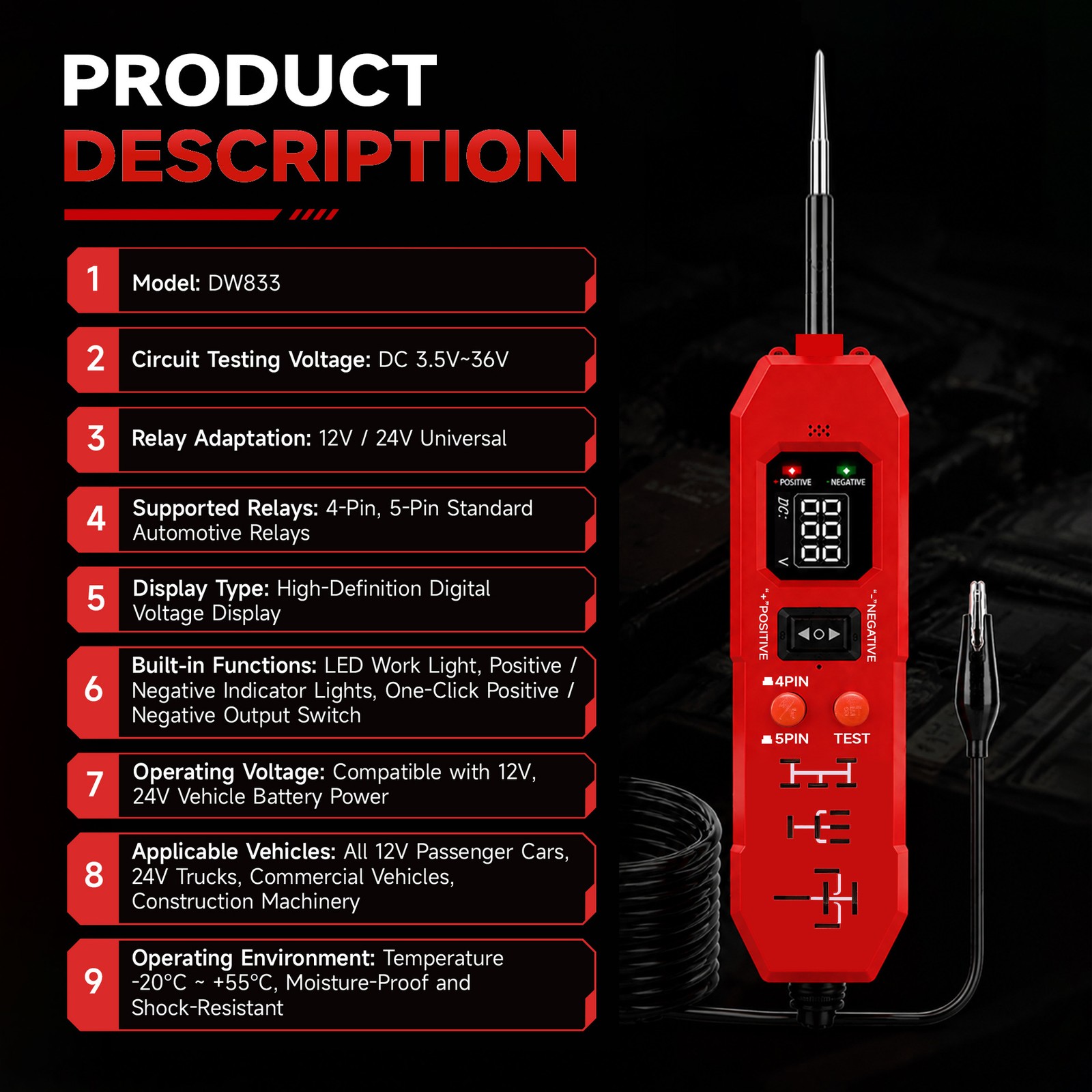 Upgraded DW833 Circuit Relay Tester 3-36V 4/5 Pin with LED Work Light
