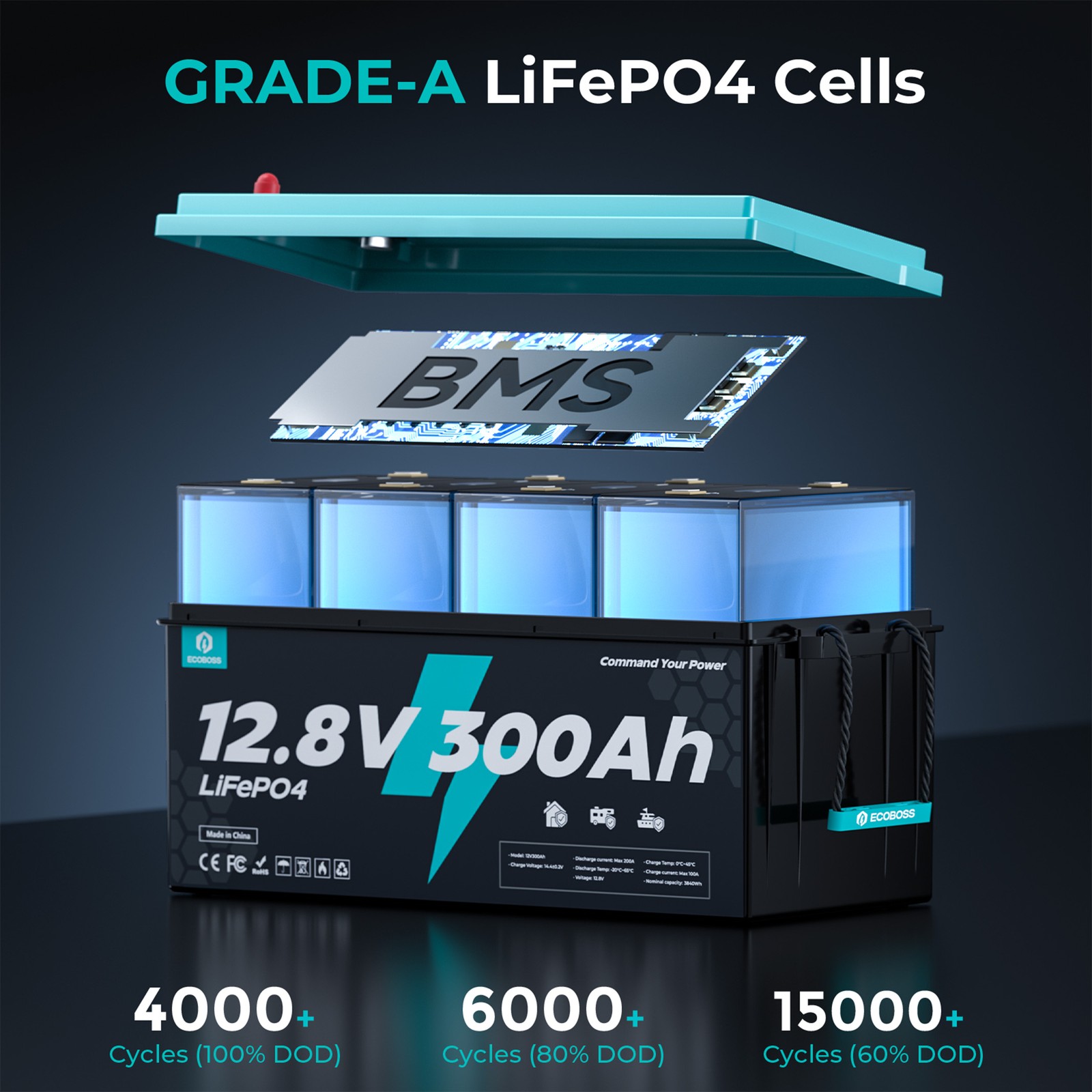 12V 300Ah LiFePO4 Battery Deep Cycles 3840Wh 200A BMS for RV Solar Home Boat