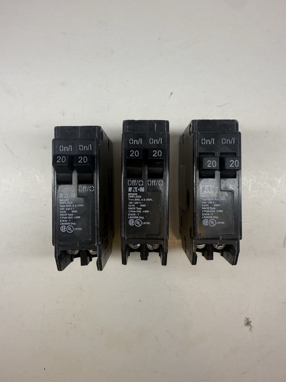 Lot of 3 Eaton BR2020 20 Amp 2 Pole Circuit Breakers
