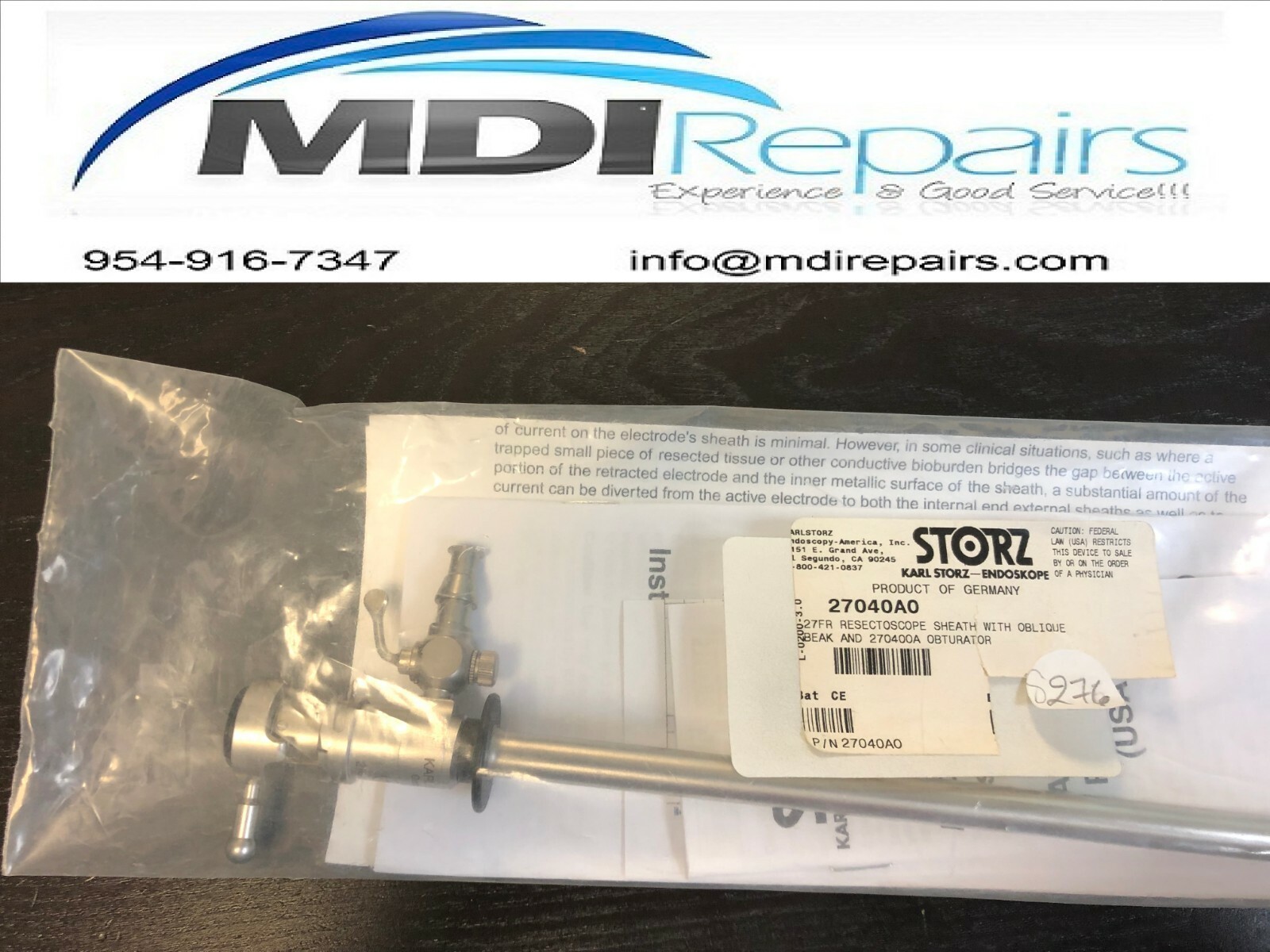 Karl Storz 27040AO 27Fr Resectoscope Sheath With Oblique Beak and 27040OA OBT.