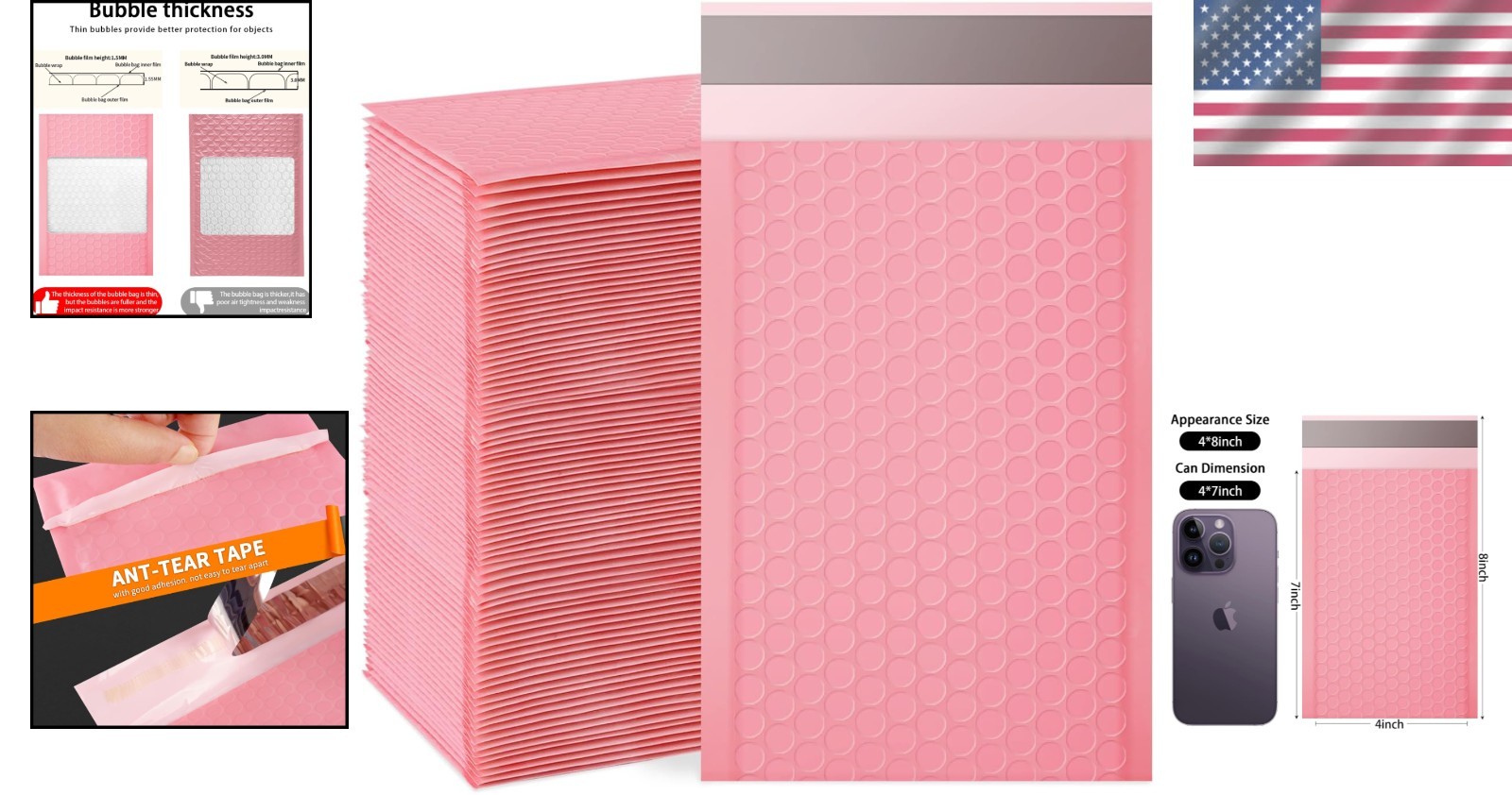 Pink Bubble Mailers, 4×7 In, Pack of 100 – Waterproof Self-Seal Envelopes