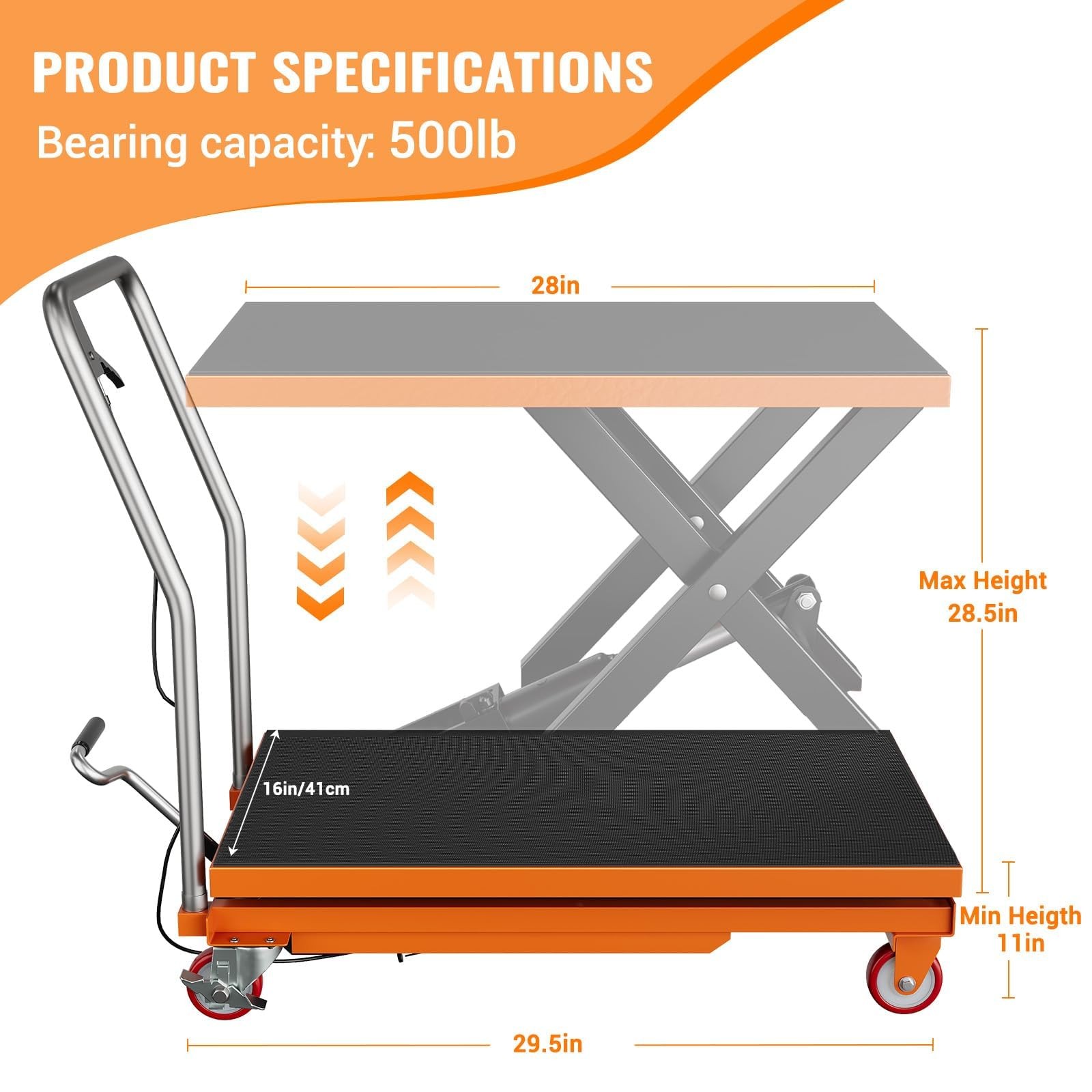 Hydraulic Lift Table Cart 500Lbs Capacity 28.5″ Lifting Height Single Scissor