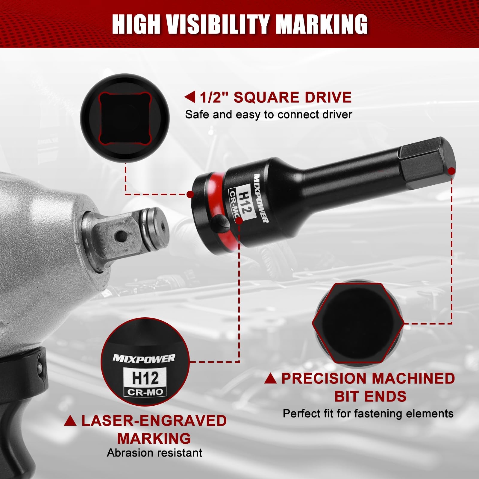 MIXPOWER 1/2″ Drive 12mm Hex Impact Bit Socket, Allen 1/2″Dr.12mm