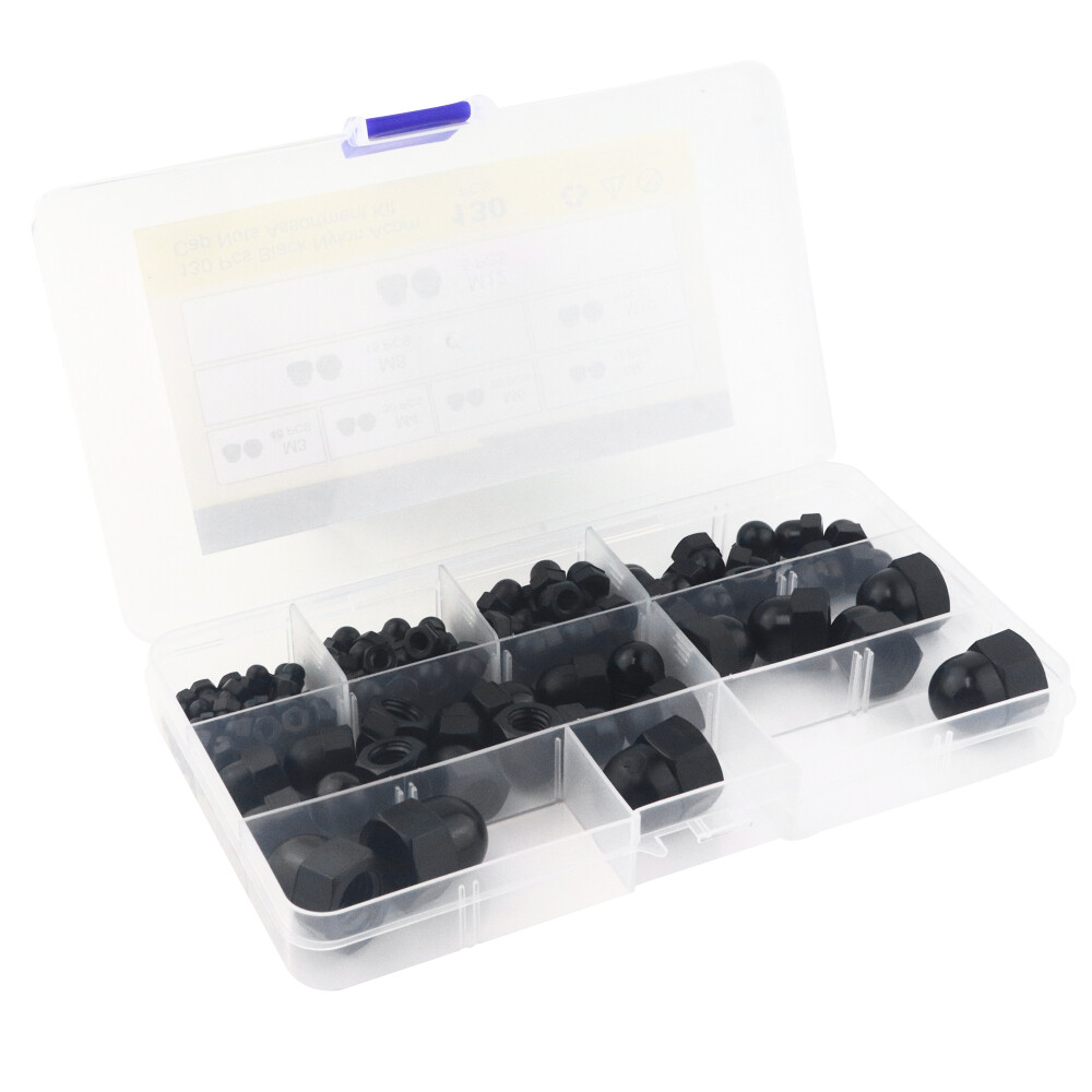 7Sizes 130Pcs Black Nylon Acorn Nut Metric Inner Threaded Cap Nuts Assortment