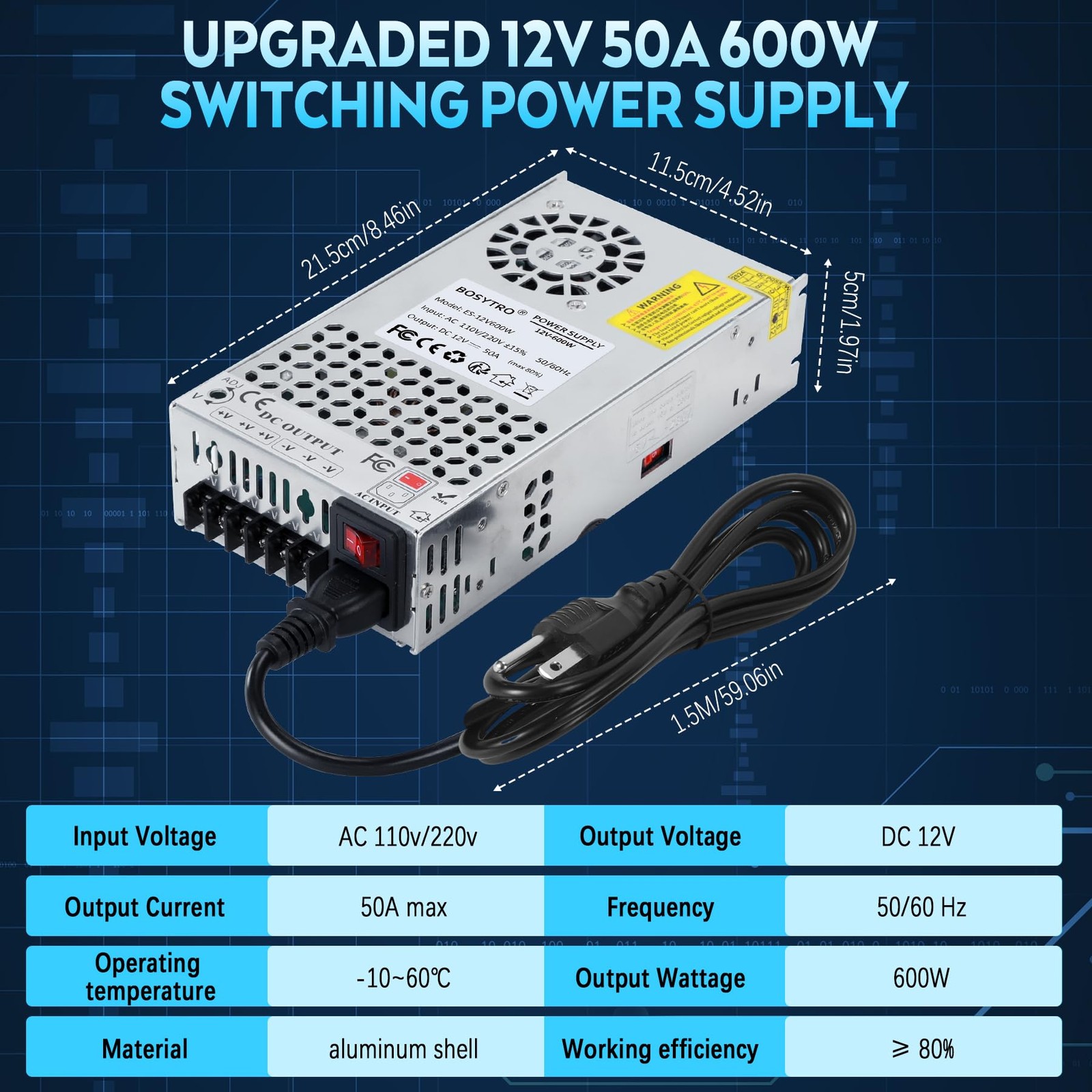 BOSYTRO 12V DC Power Supply 600W 50A AC to DC Converter Switching Power Suppl…