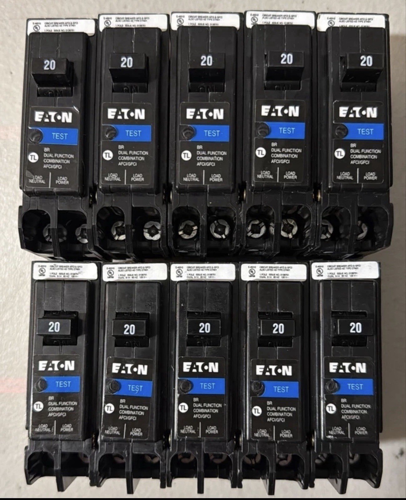 10 PCS Eaton BRP120DF 20A 1 Pole Dual Function Circuit Breaker AFCI GFCI