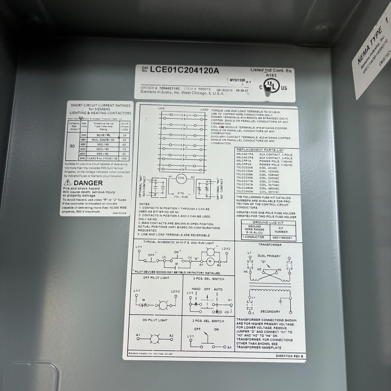 SIEMENS LCE01C004120A Electrically Held Li. Co. NEMA 1 4NO 4P 30A 110/115 120VAC
