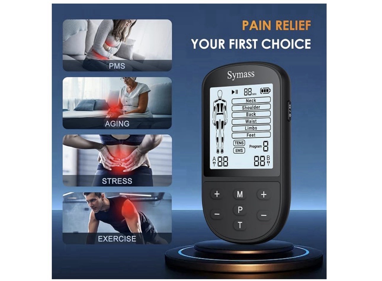 Symass SM9592 2-Channel Handheld 2-in-1 TENS/EMS Unit Physical Rehab