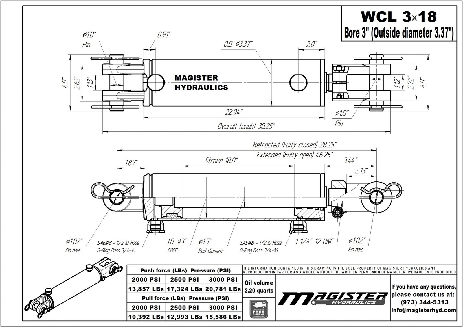 Hydraulic Cylinder Welded Double Acting 3″ Bore 18″ Stroke Clevis End 3×18 NEW