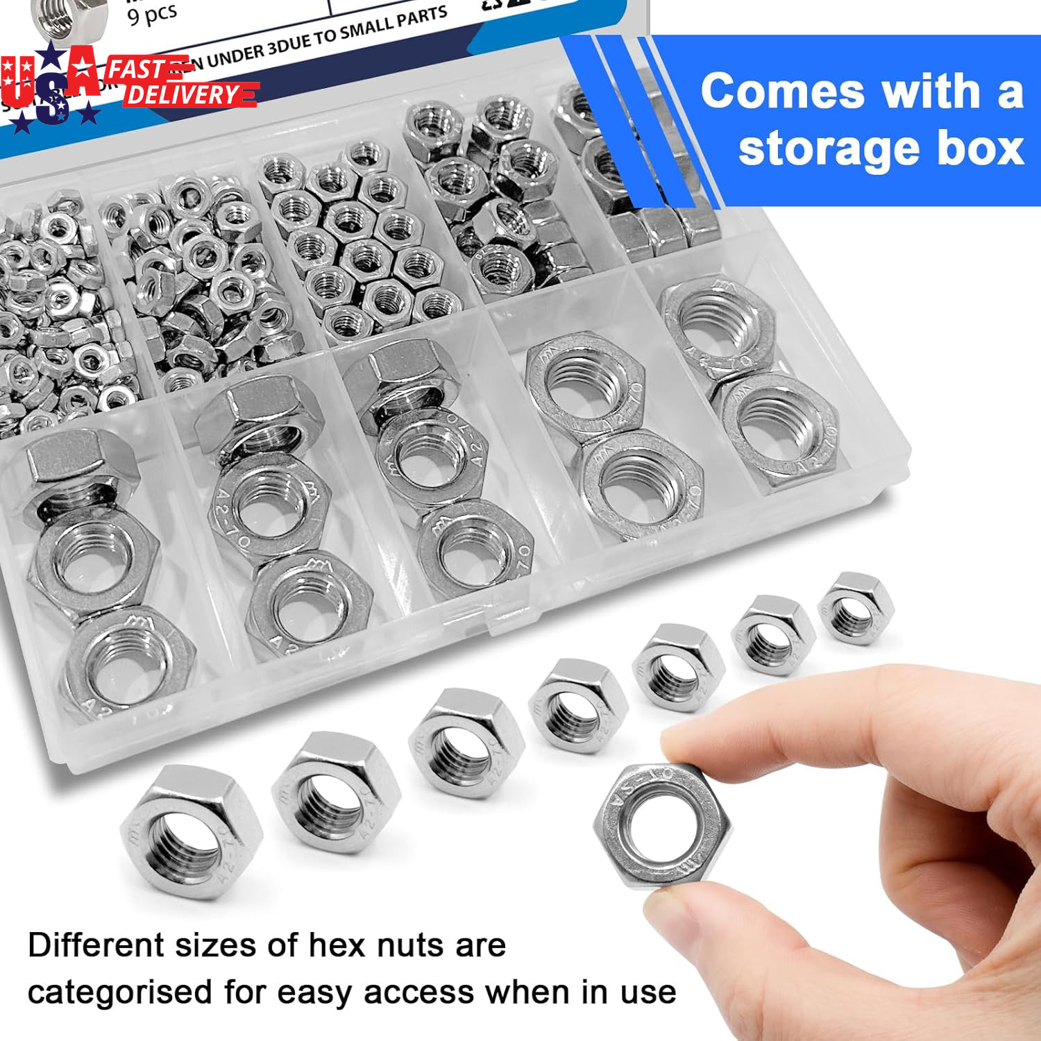 145 PCS Assorted Stainless Steel Hex Nuts Assortment Kit M3 M4 M5 M6 M8 M10 M12