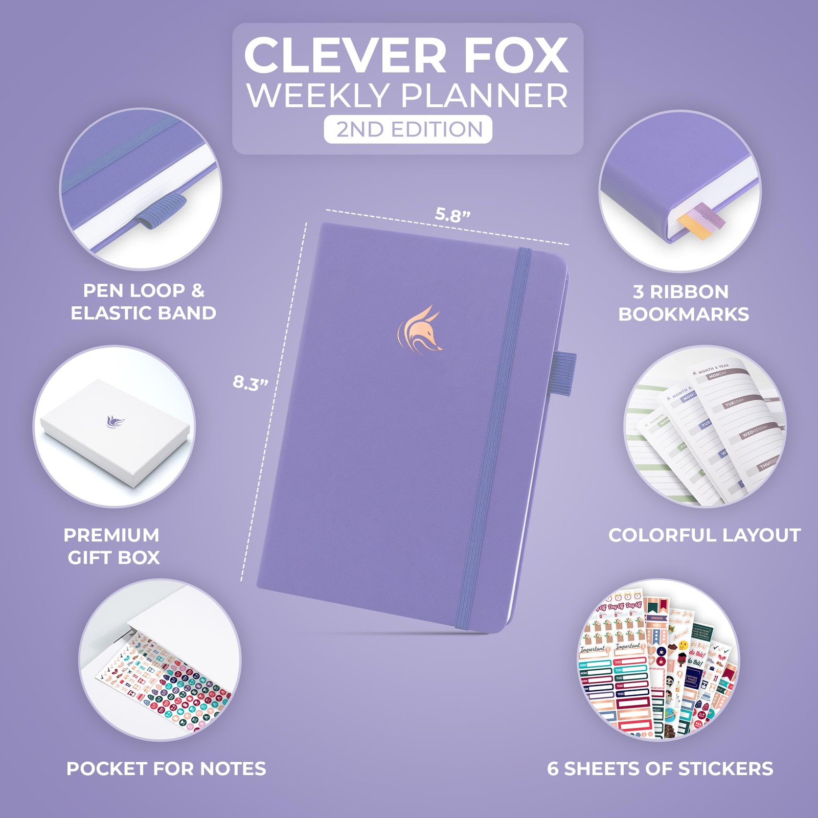 Clever Fox Planner 2nd Edition – A5 (5.8» x 8.3») Lay-Flat, Lavender