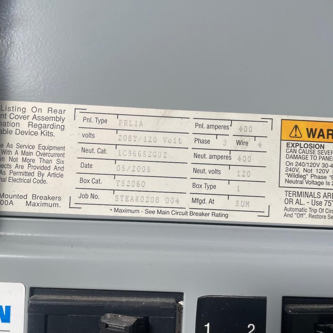 Eaton PRL1A Panelboard 400A 120/208V 3Ph 4W 400 Amp MLO W/ Breakers