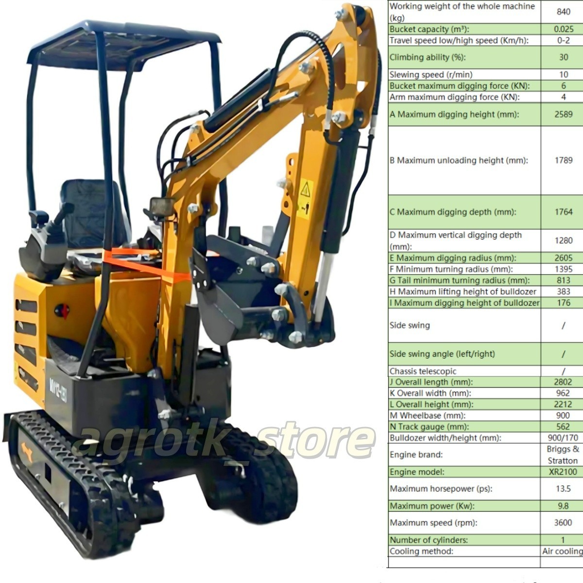 Agrotk Mini Excavator 1 Ton Digger 13.5HP Gas Rubber Tracked Crawler B&S Engine