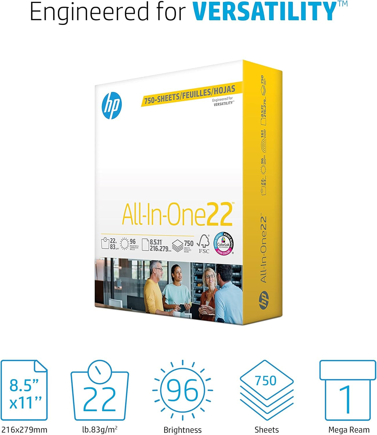 HP Papers | 8.5 X 11 Paper | All in One 22 Lb | 1 Mega Ream – 750 Sheets | 96 Br