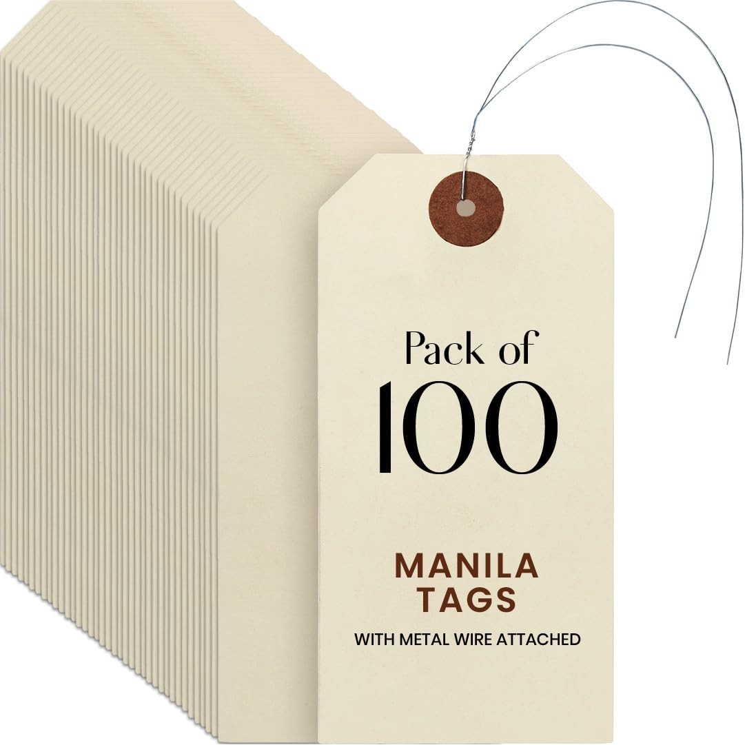 100 Blank Manila Shipping Tags with Wire Hangers, Size #5, 4.75″x2.375″ Hang Tag