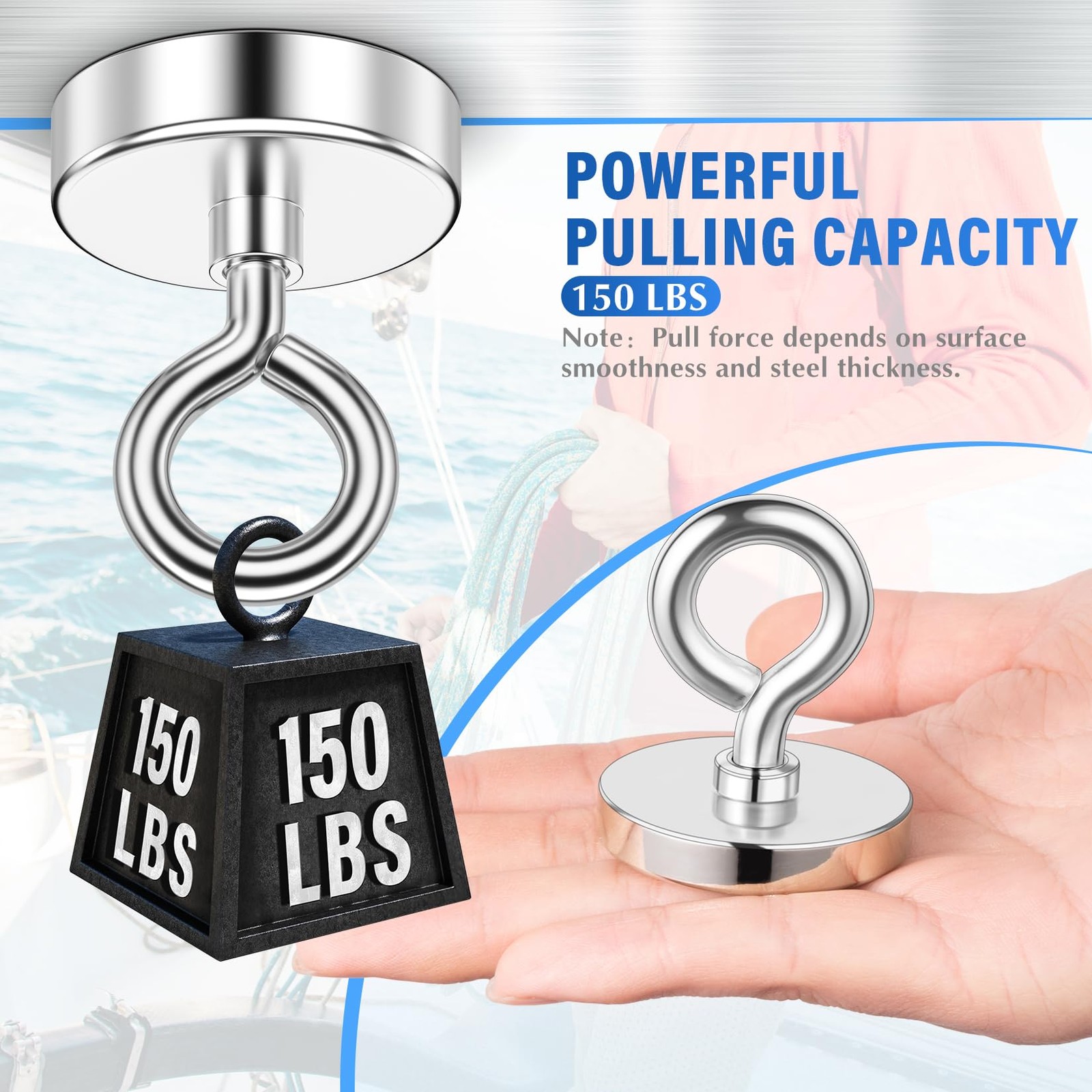 NIUKNOW Neodymium Fishing Magnet, 150 lbs Pulling Force, 1.42 inches, Silver