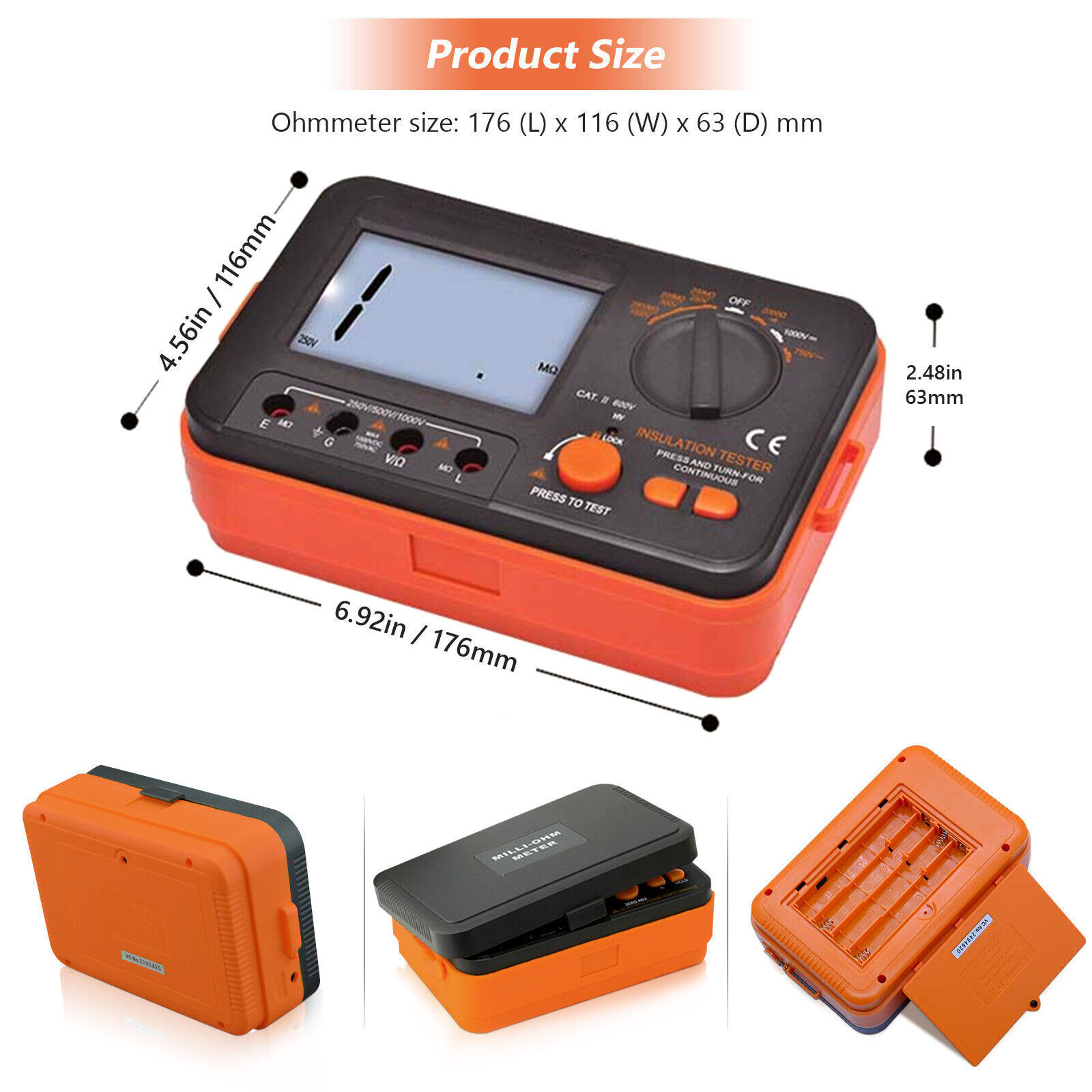 Digital Insulation Tester 250V/500V/1000V 2000MΩ 19999C Backlit LCD Data Hold
