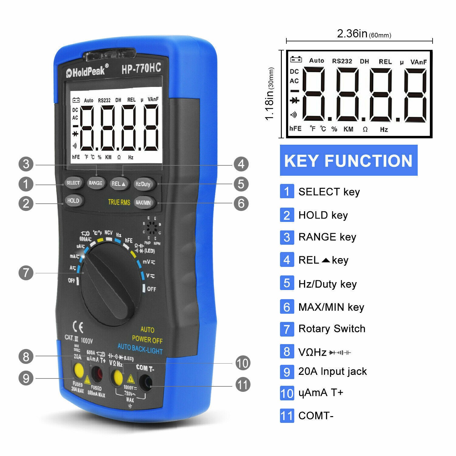 Digital Multimeter True RMS 600A DC/AC Current 6000 Counts w/ Temperature & NCV