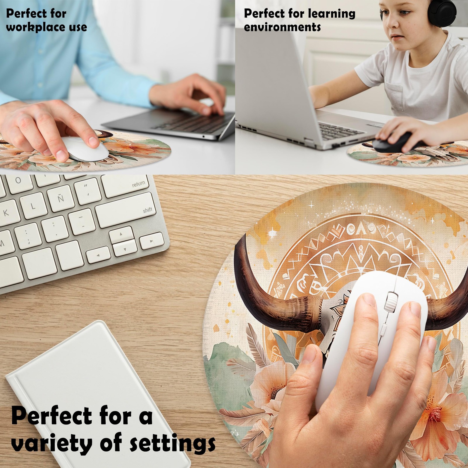 BILLAION Boho Western Bull Skull Floral Mouse Pad for 7.9×7.9 inches, 23-SBD