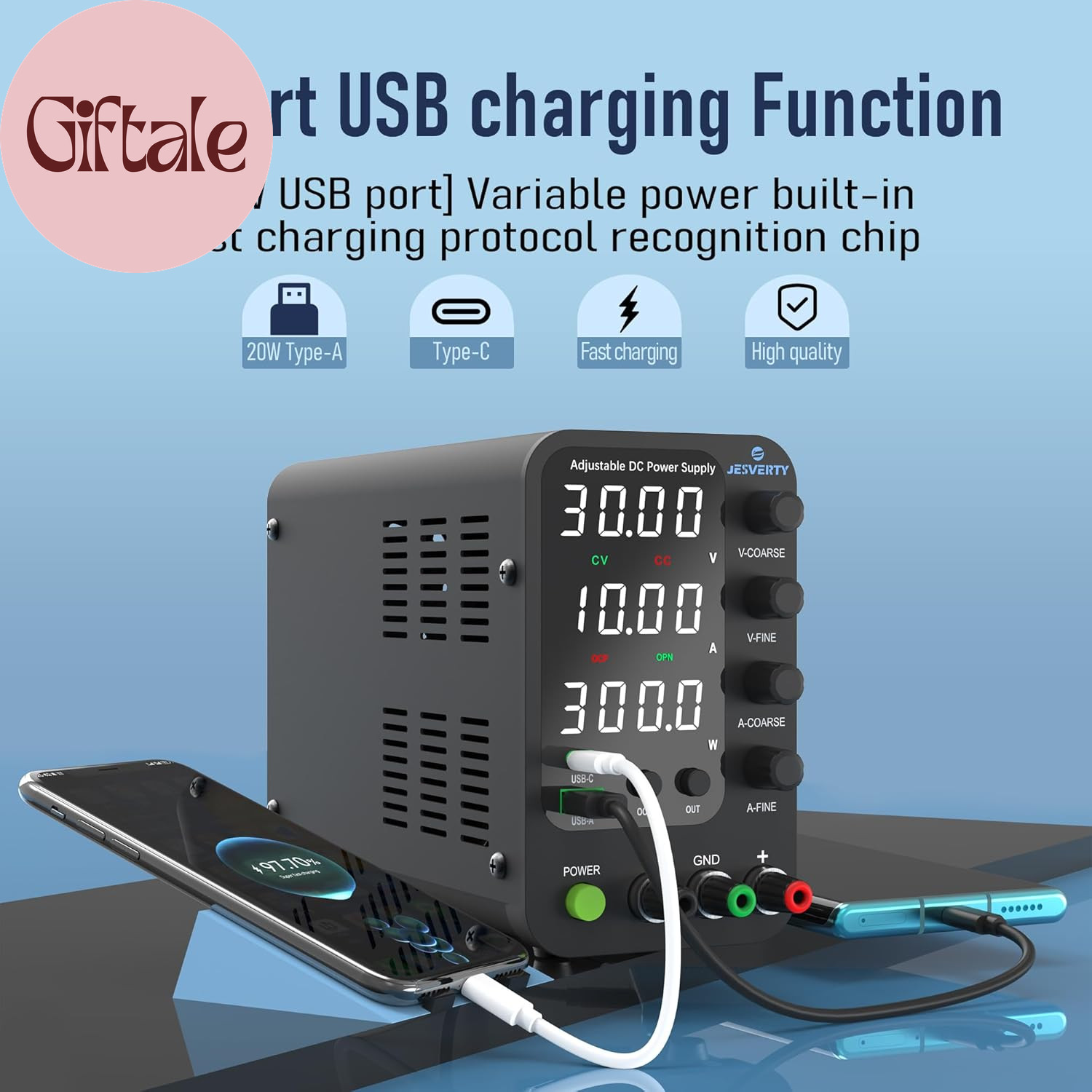 DC Power Supply Variable, 0-32V 0-10A Switching Bench Power Supply with 20W USB