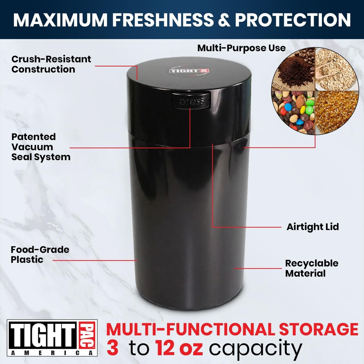 Tightvac 3 to 12 Ounces Airtight Smell Proof Container – Patented Vacuum Seal,