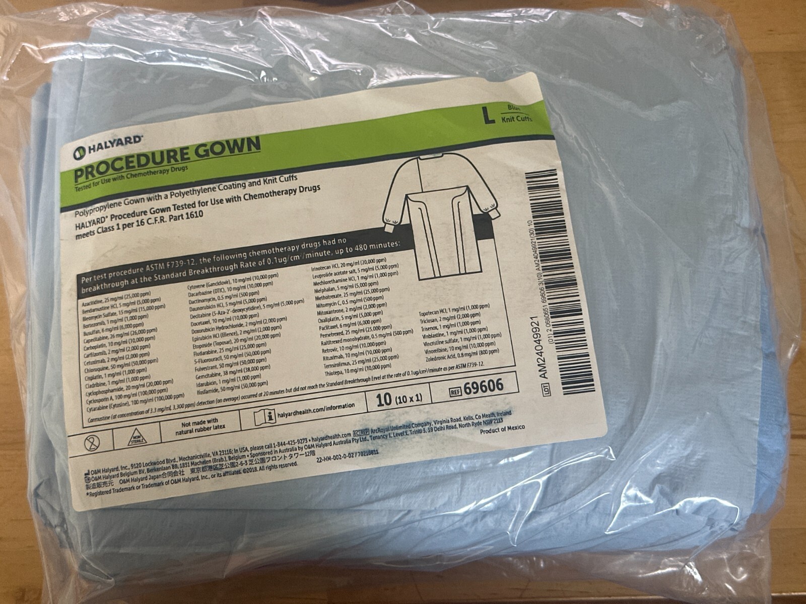 Pack of 10 Halyard #69606 Procedure Gown, Large, Polypropylene, Blue, Knit Cuffs