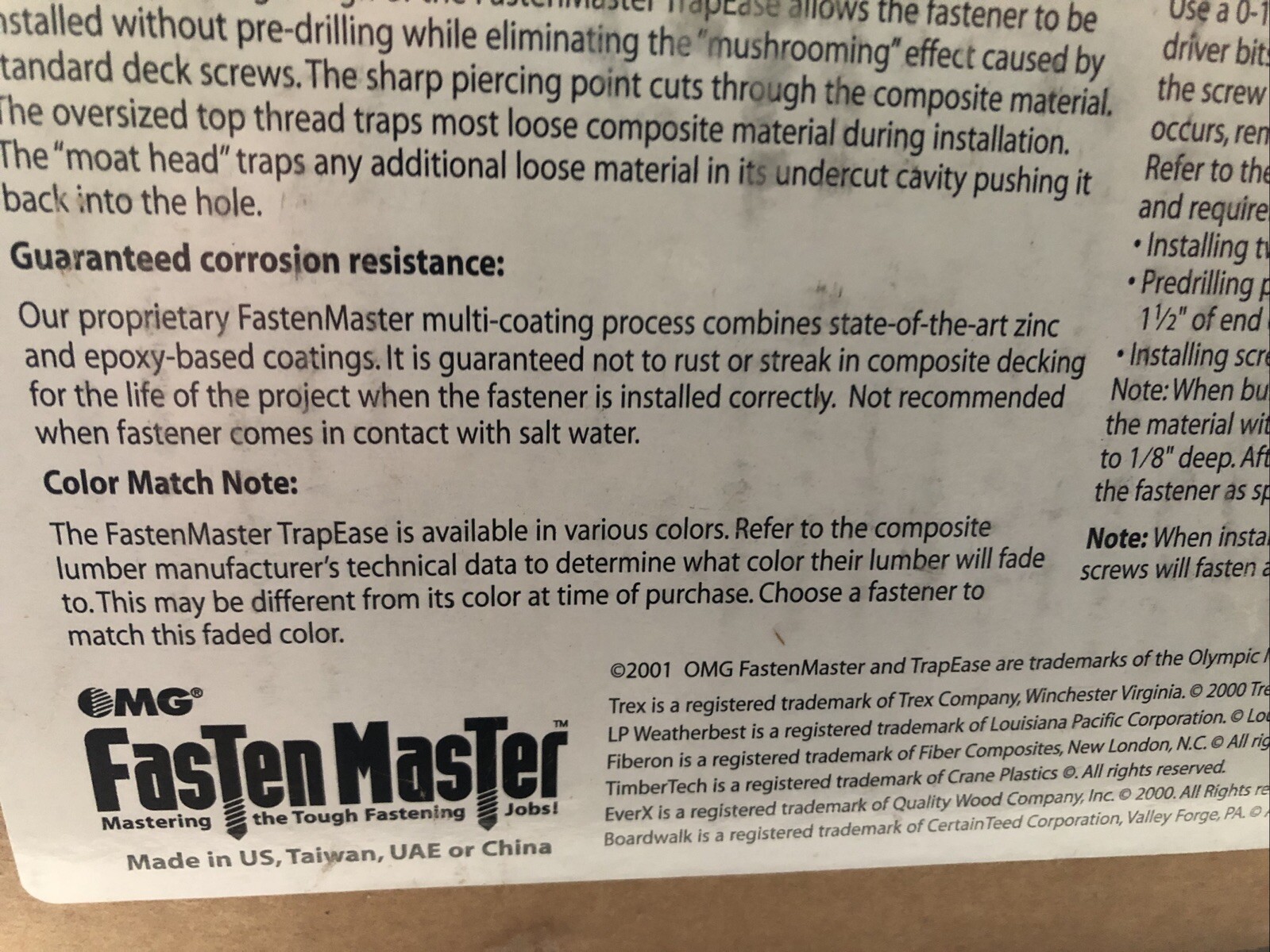FastenMaster TrapEase Full Case 2-1/2” Square Head Composite Deck Screws 1750pcs